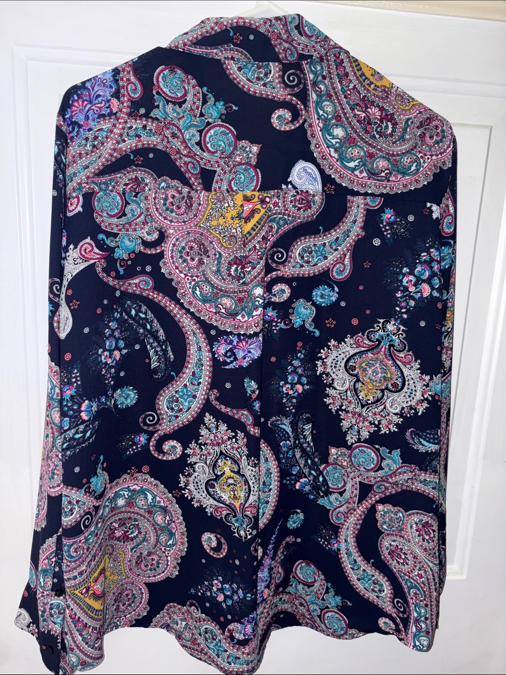 Express Paisley Button-Down Blouse in Navy with Teal, Pink & Yellow Accents - Picture 4 of 4